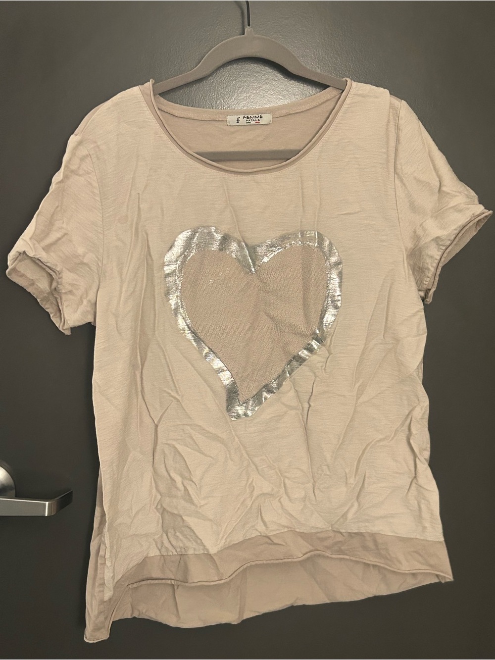 Casual Short Sleeve Tee with Silver Heart - Blush
